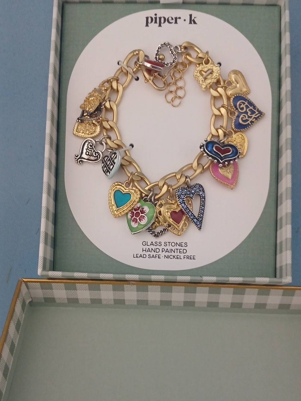 Piper•k Gold Tone Multi-Color Heart Charm Bracelet Glass Stones Hand Painted